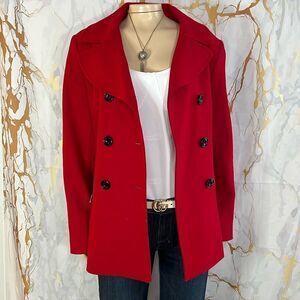 Black, rivet, red double breasted wool coat